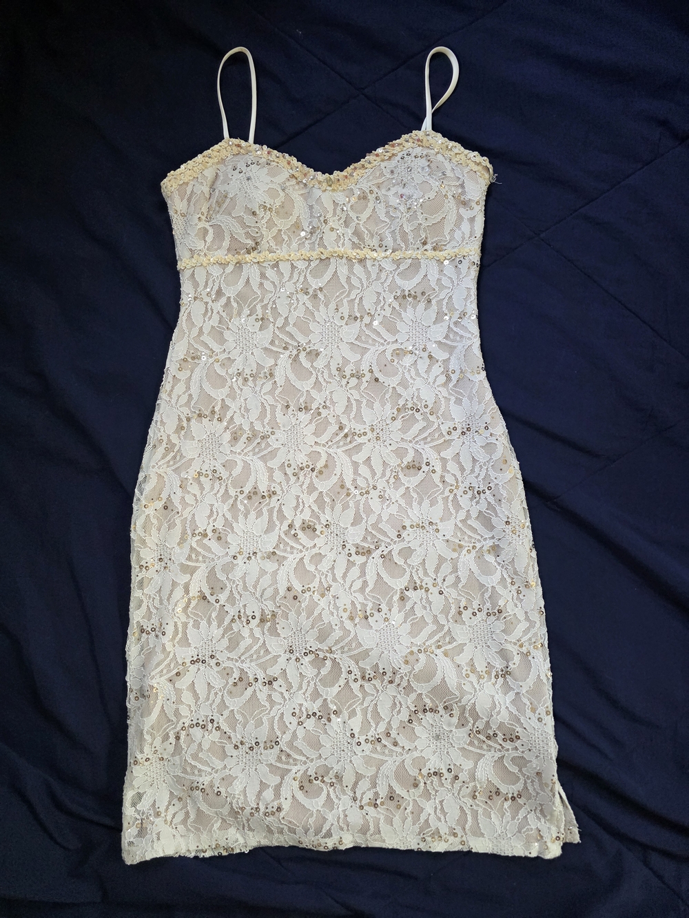 Morgan & Co. Ivory Lace Sequin Dress with Pink Brand Tag